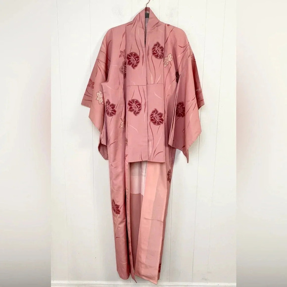 Kimono Japanese Vtg Silk Coats Jackets Haori Cardigan Pink Floral Long OS* - Picture 1 of 16